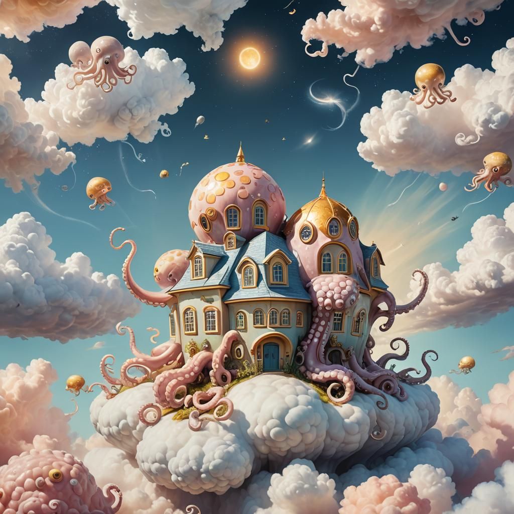 Octopus House in Space: Surreal Pastel Dreamscape