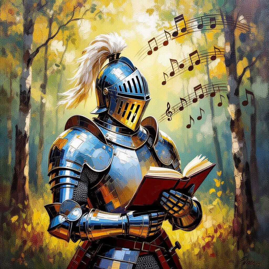 Knight in Forest Clearing Impasto Painting