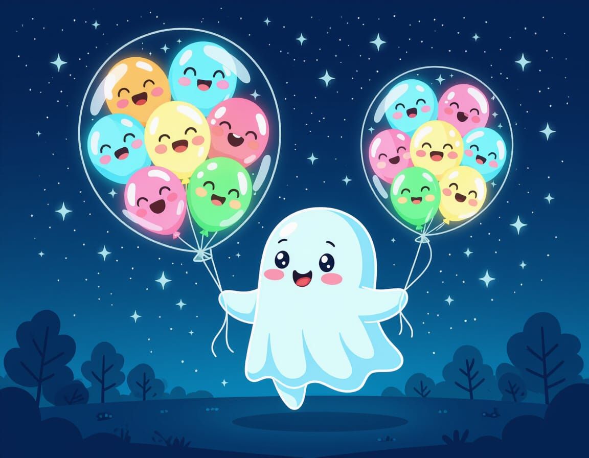 Chibi Ghost with Glowing Balloons Illustration