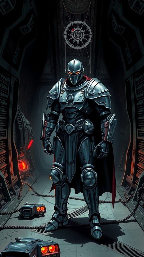 Cybernetic Space Warrior in Abandoned Ship Corridor