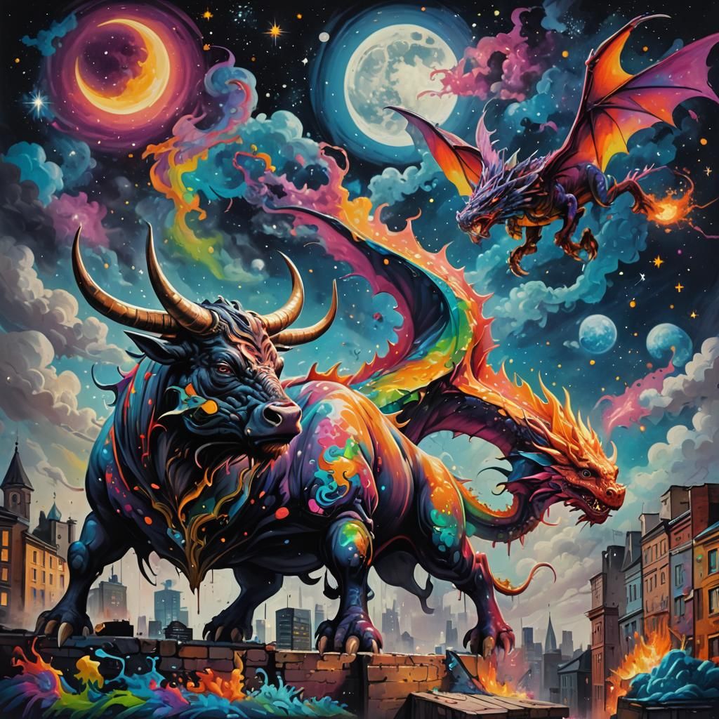 Bull Stargazing at Dragon in Graffiti Art Style