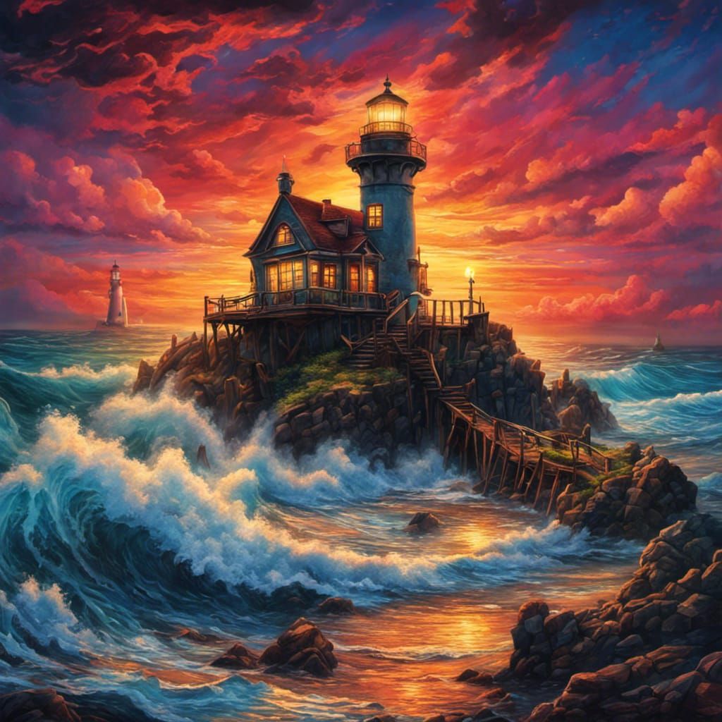 High Gothic Lighthouse at Sunset in Graffiti Art Style