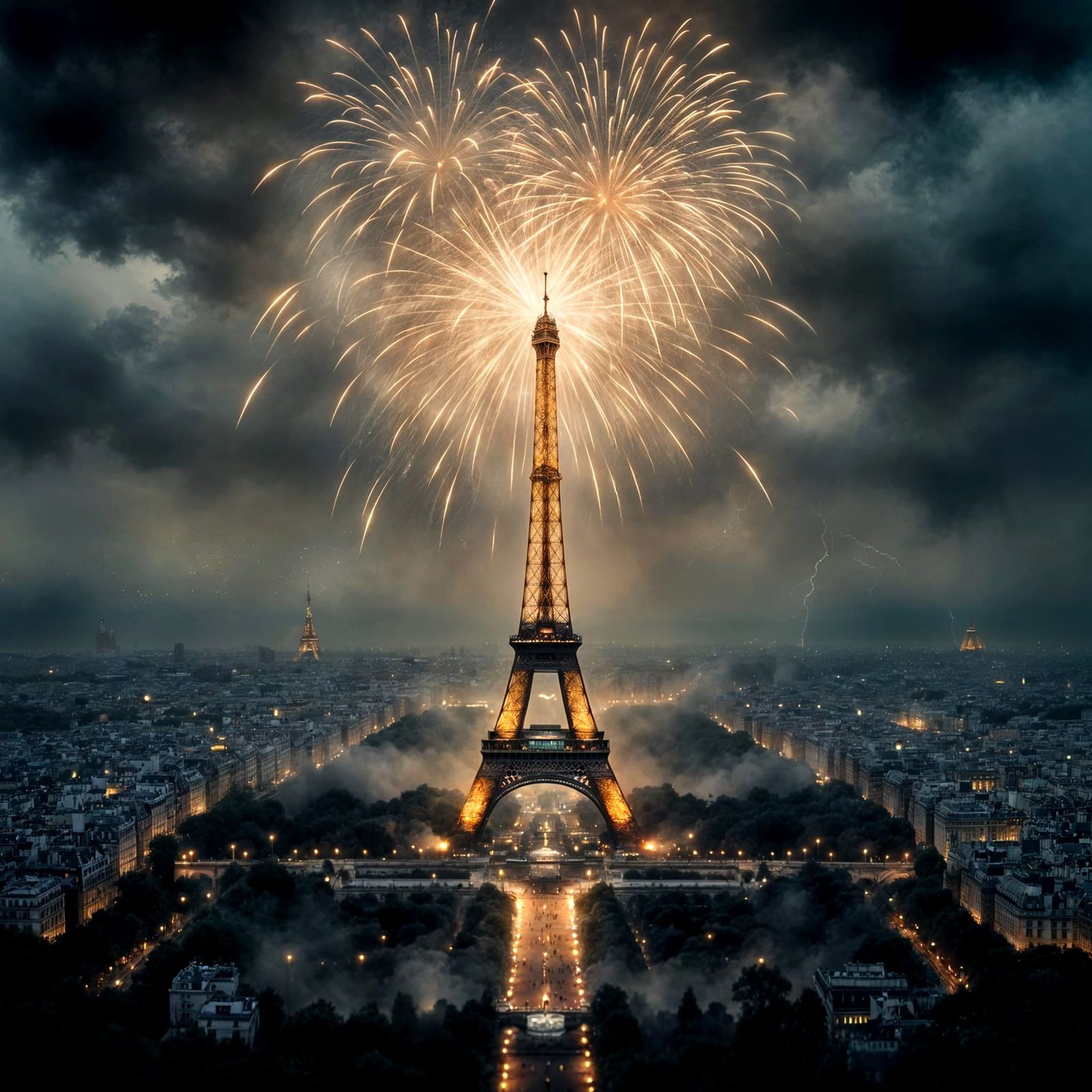 Paris Fireworks Display Over Eiffel Tower