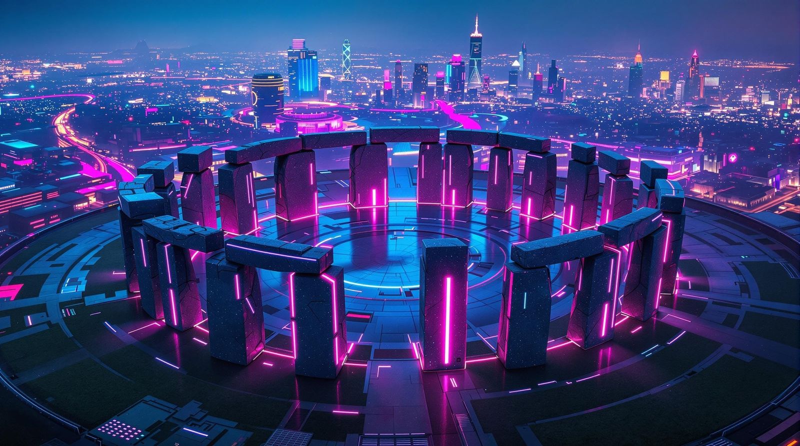 Cyberpunk Stonehenge with Neon Runes and Futuristic Cityscap...