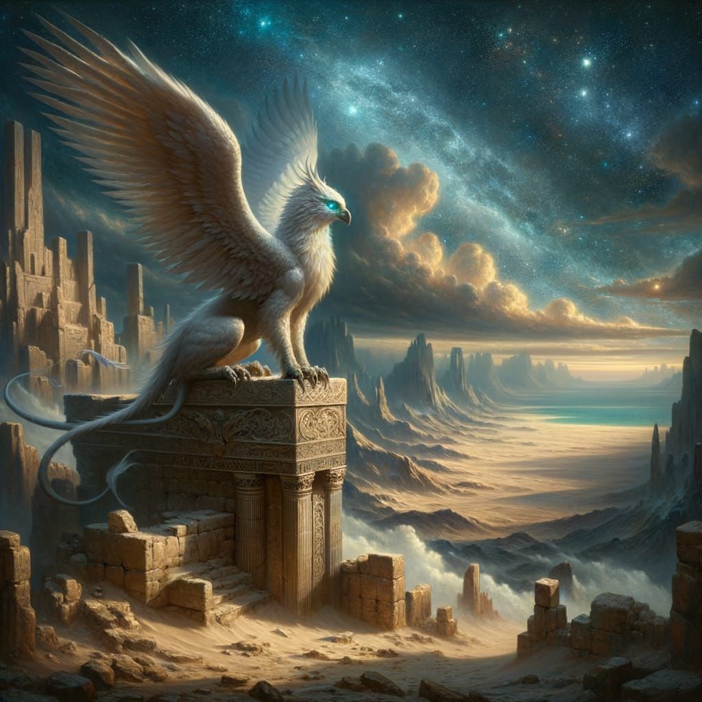 Majestic Griffin Over Starlit Desert Landscape in Oil Painti...