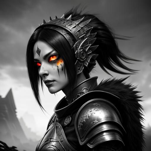 Grayscale Skeletal Warrior with Flaming Eyes