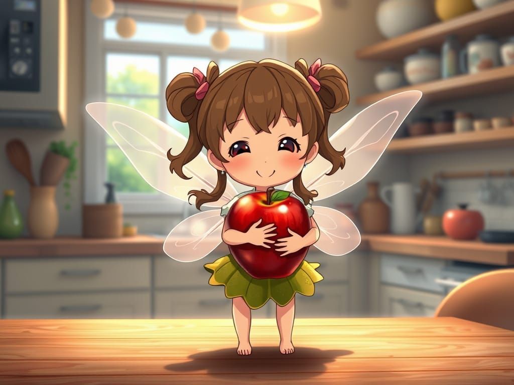 Tiny Pixie Hugs Giant Apple in Dreamlike Anime Style