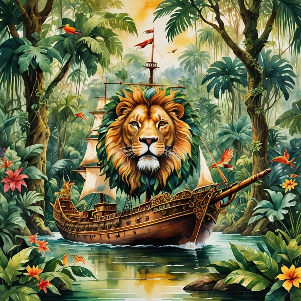 Lion-Headed Ship Sails Through Jungle River in Watercolor