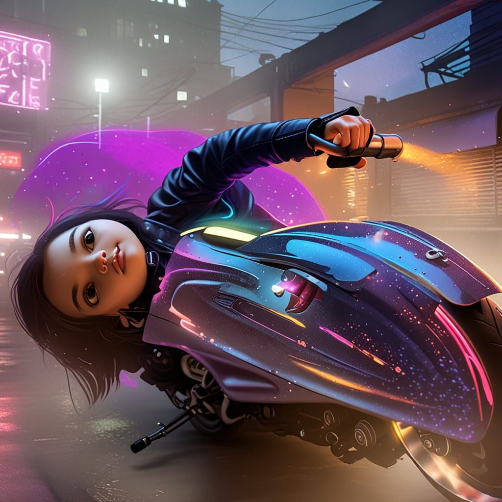 Neon Noir: Girl on Motorcycle at Night