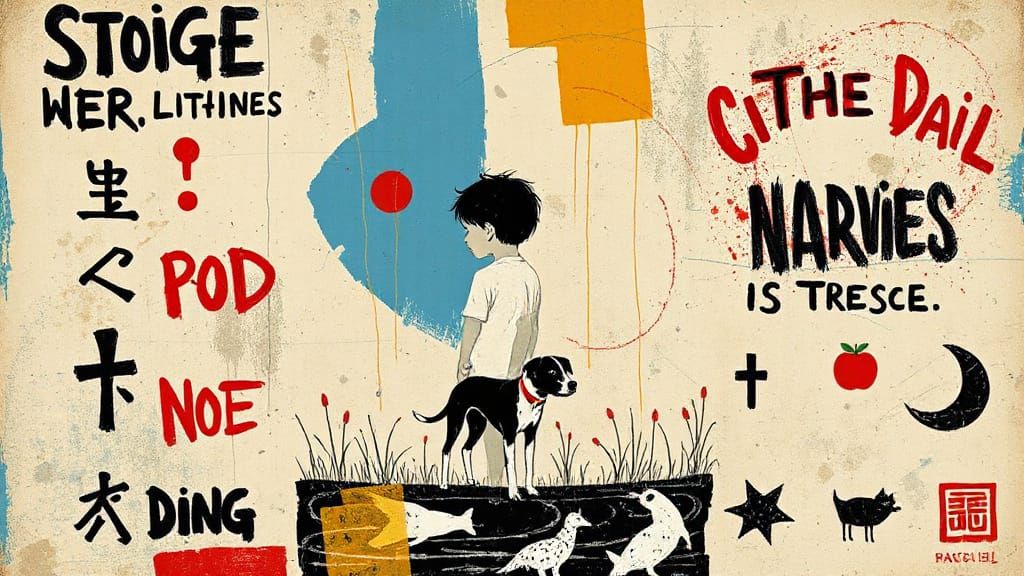 Boy and Dog in Basquiat-Inspired Graffiti Art