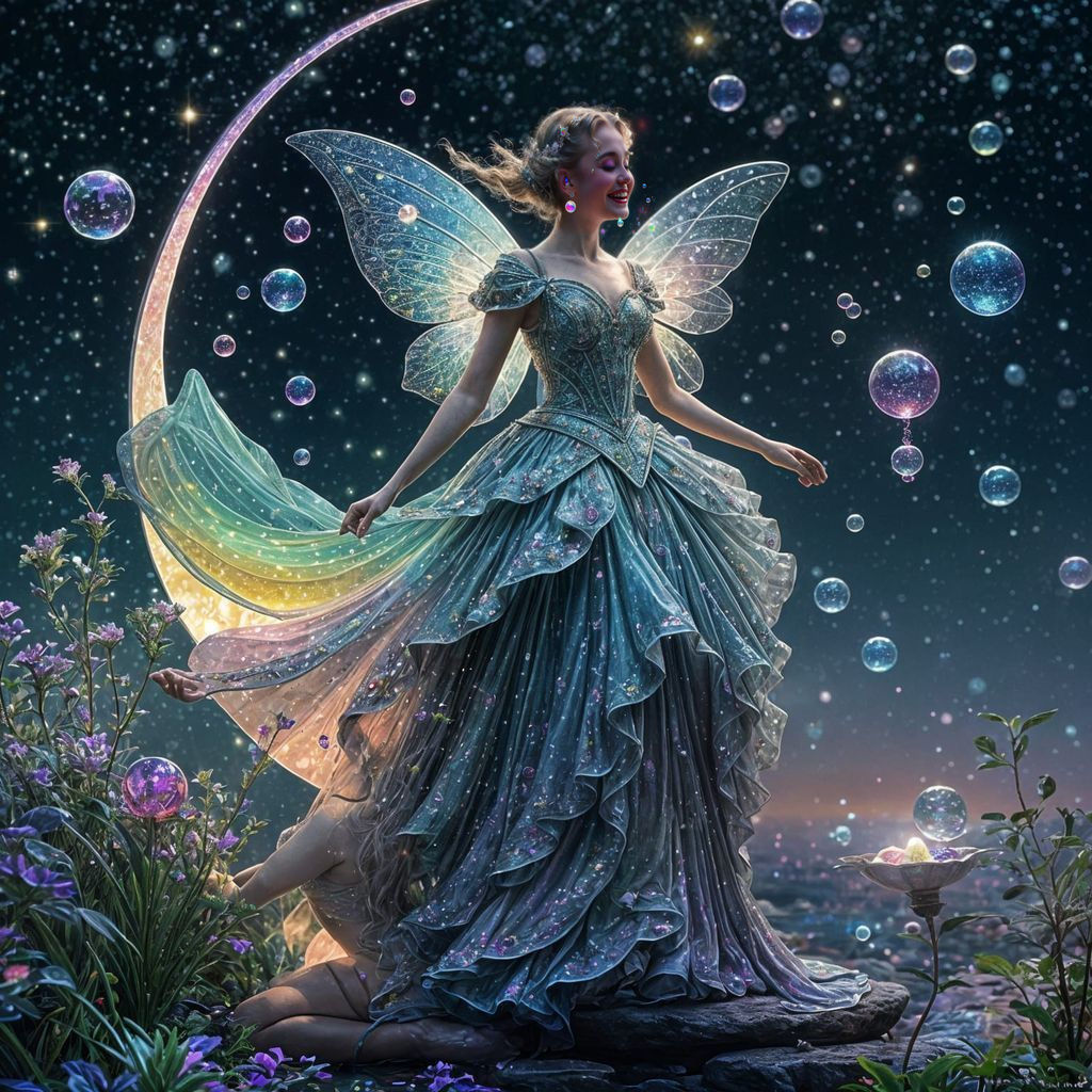 Fairy in Iridescent Rainbow Gown with Glowing Bubbles Over H...