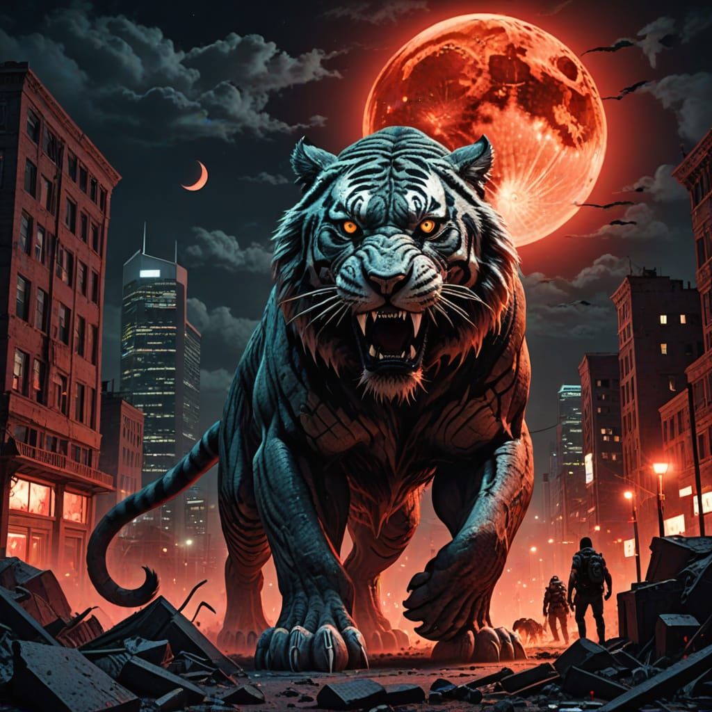 Giant Sabre-Toothed Tiger in Apocalyptic City