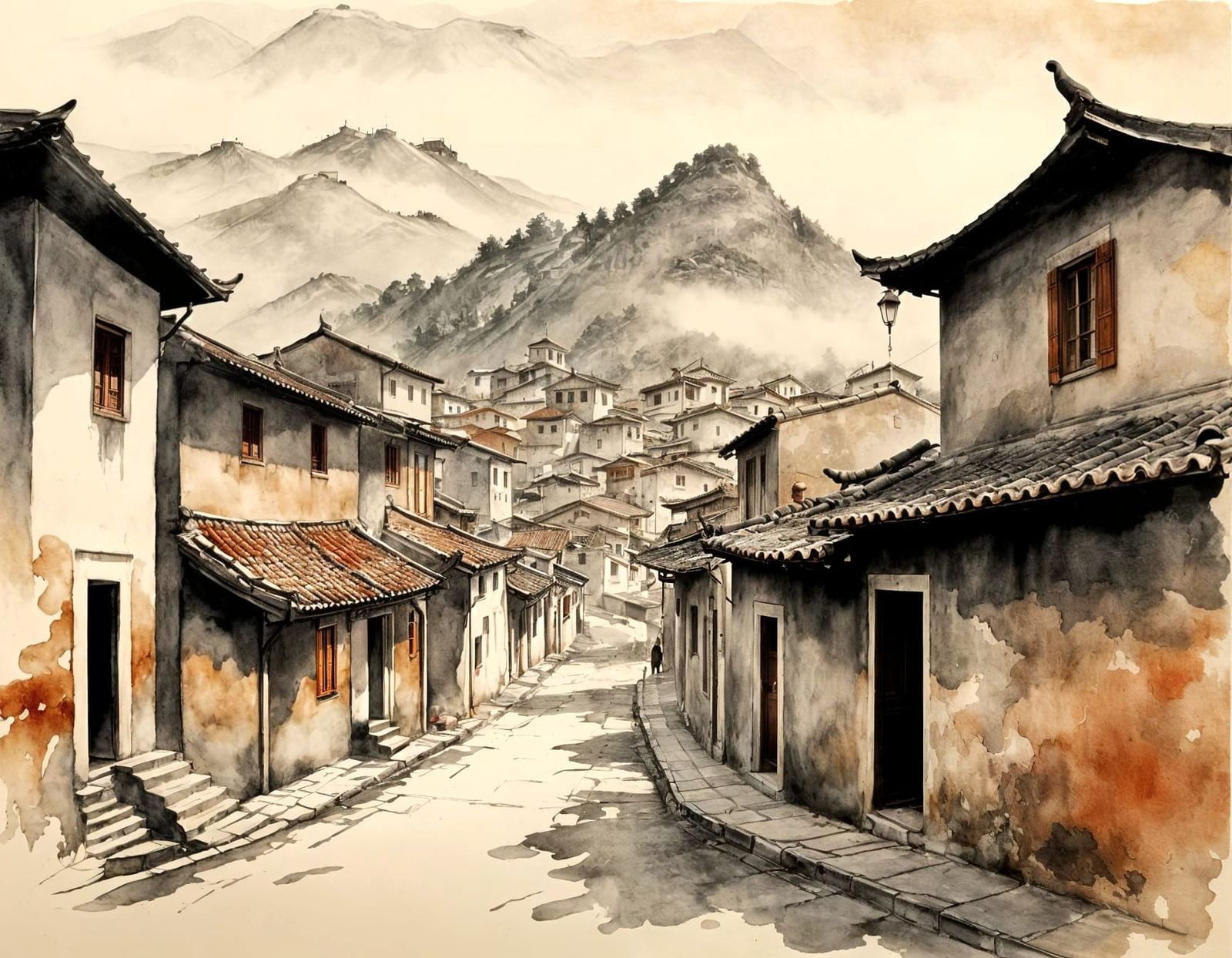 Old Tirana Morning Fog in Chinese Ink Art Style