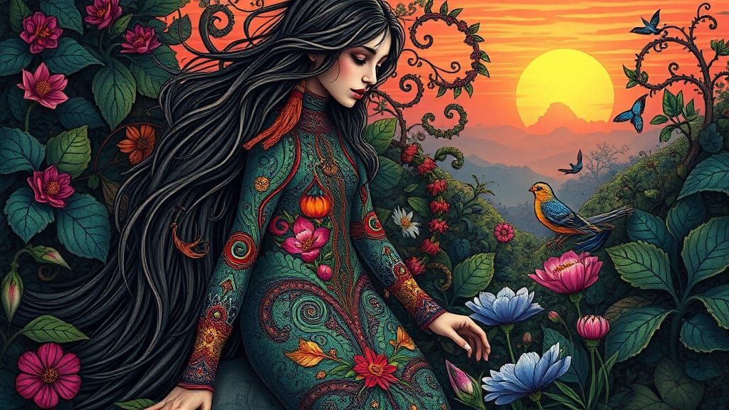 Woman in Whimsical, Fantastical Landscape with Embroidered A...