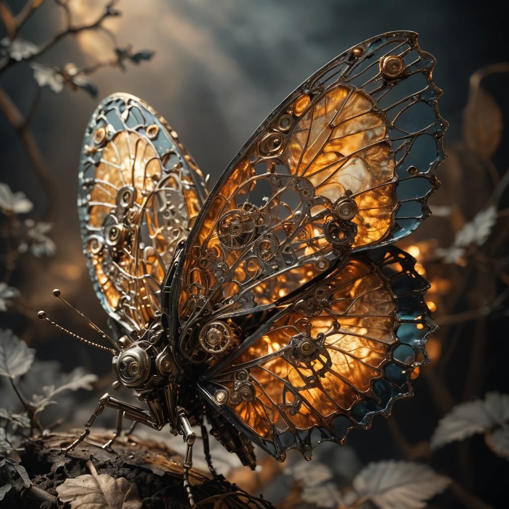 Monochrome Robot Butterfly on Branch, Expressionist Style