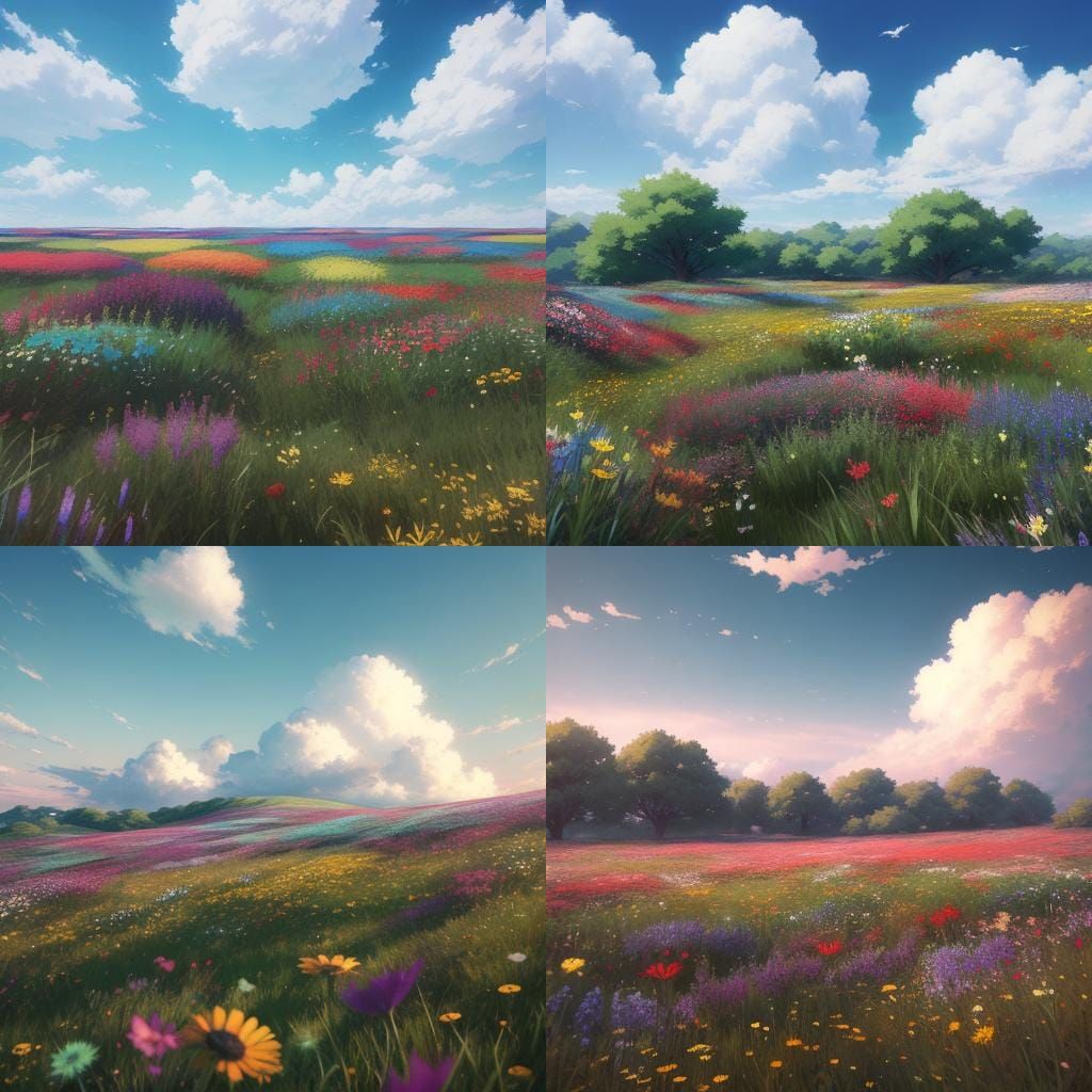 Anime Style Wildflower Field with Clouds