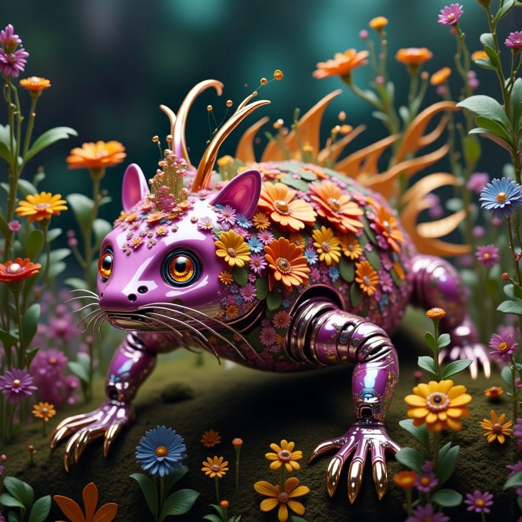 Robot Axolotl Covered in Flowers on Chrome
