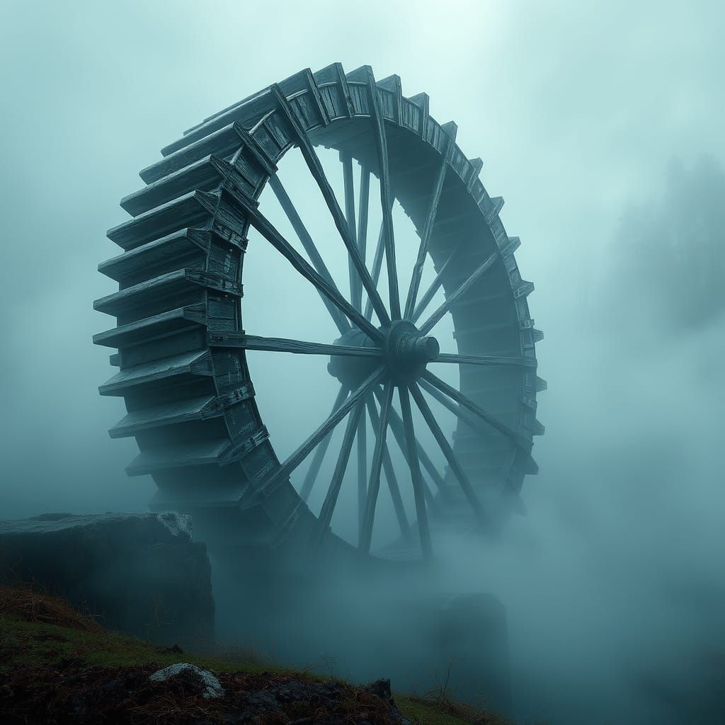 Ancient Waterwheel in Dreamlike Liminal Space