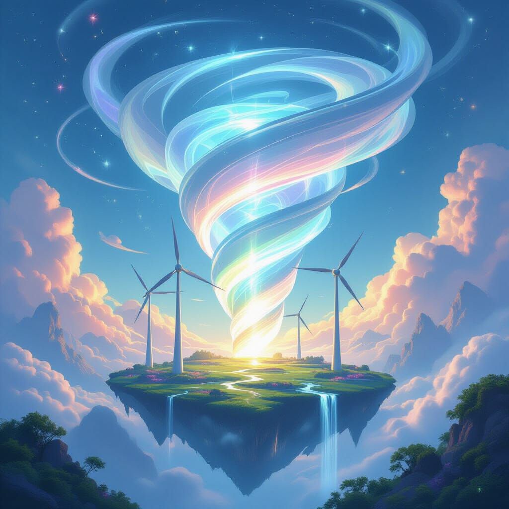 Giant Wind Spirit Over Futuristic Turbines on Floating Islan...