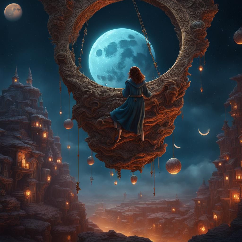 Girl Hanging from the Moon: Detailed Matte Painting