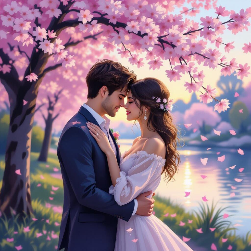 Romantic Embrace Under Cherry Blossoms at Twilight
