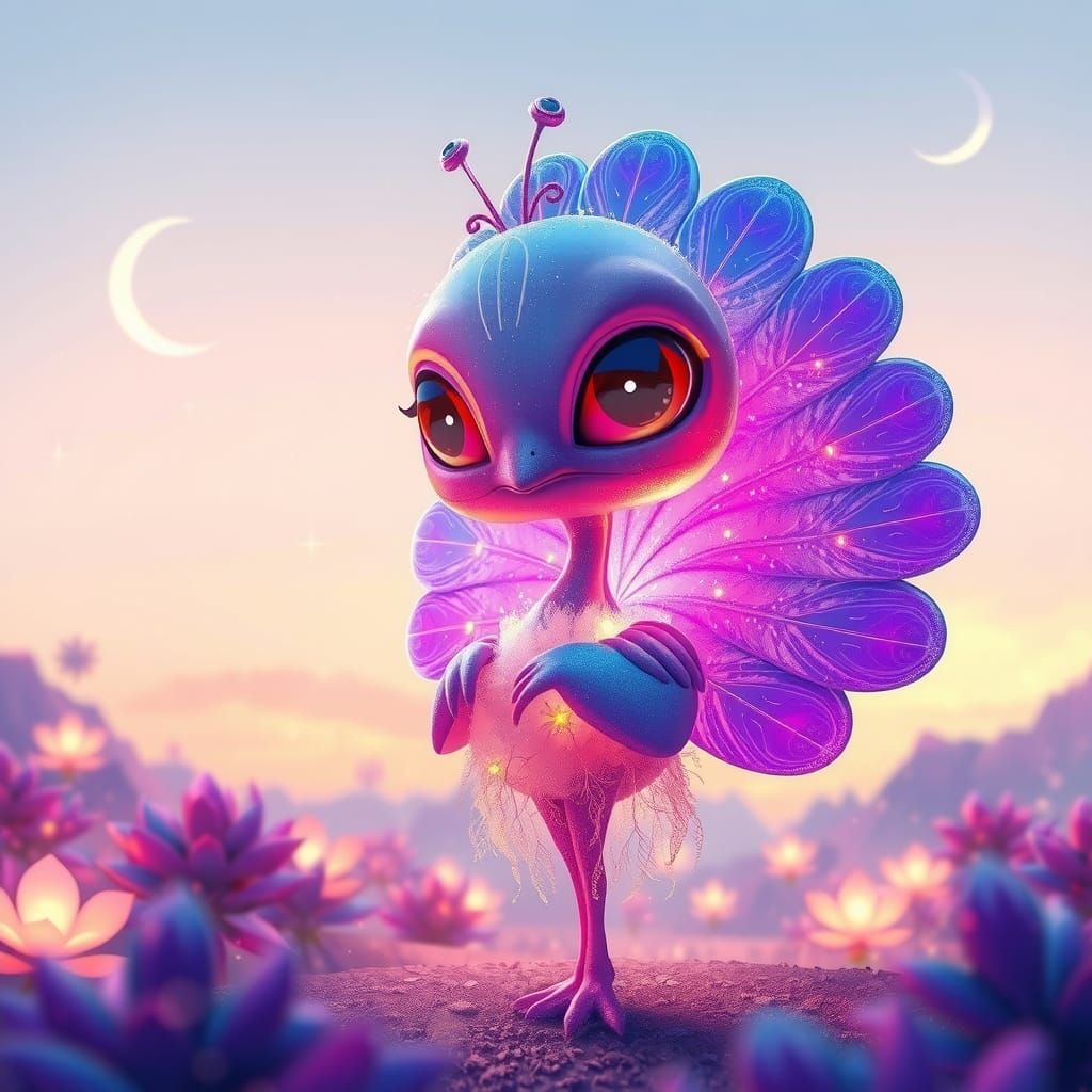 Pastel Alien Peacock in Bioluminescent Garden