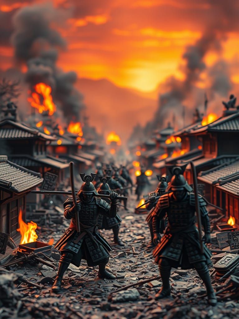 Fierce Samurai War in Edo-Era Miniature Cityscape of Clay