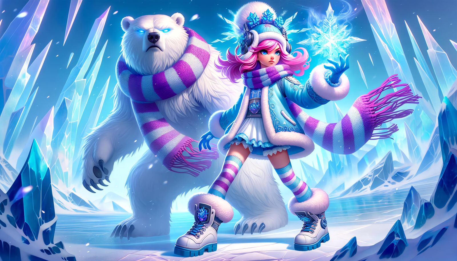 Icy Magic: Girl and Polar Bear in Winter Vista