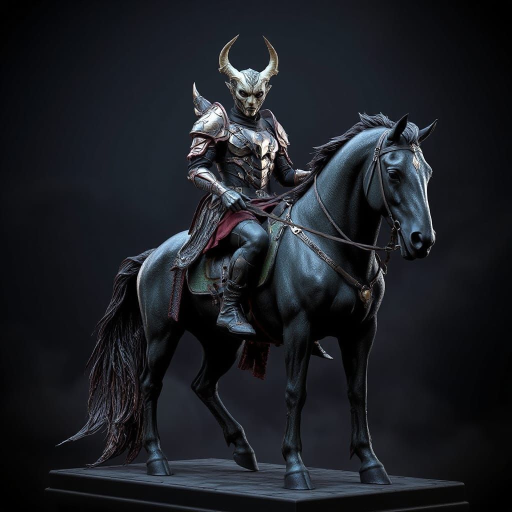 Cybernetic Warrior Rides Majestic Horse Under Dark Skies