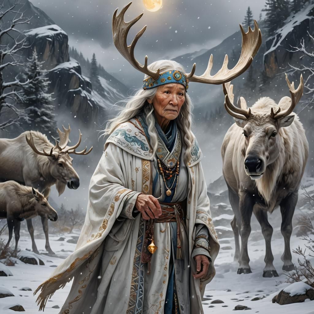 Sami Fortune Teller in Snowstorm, Digital Painting