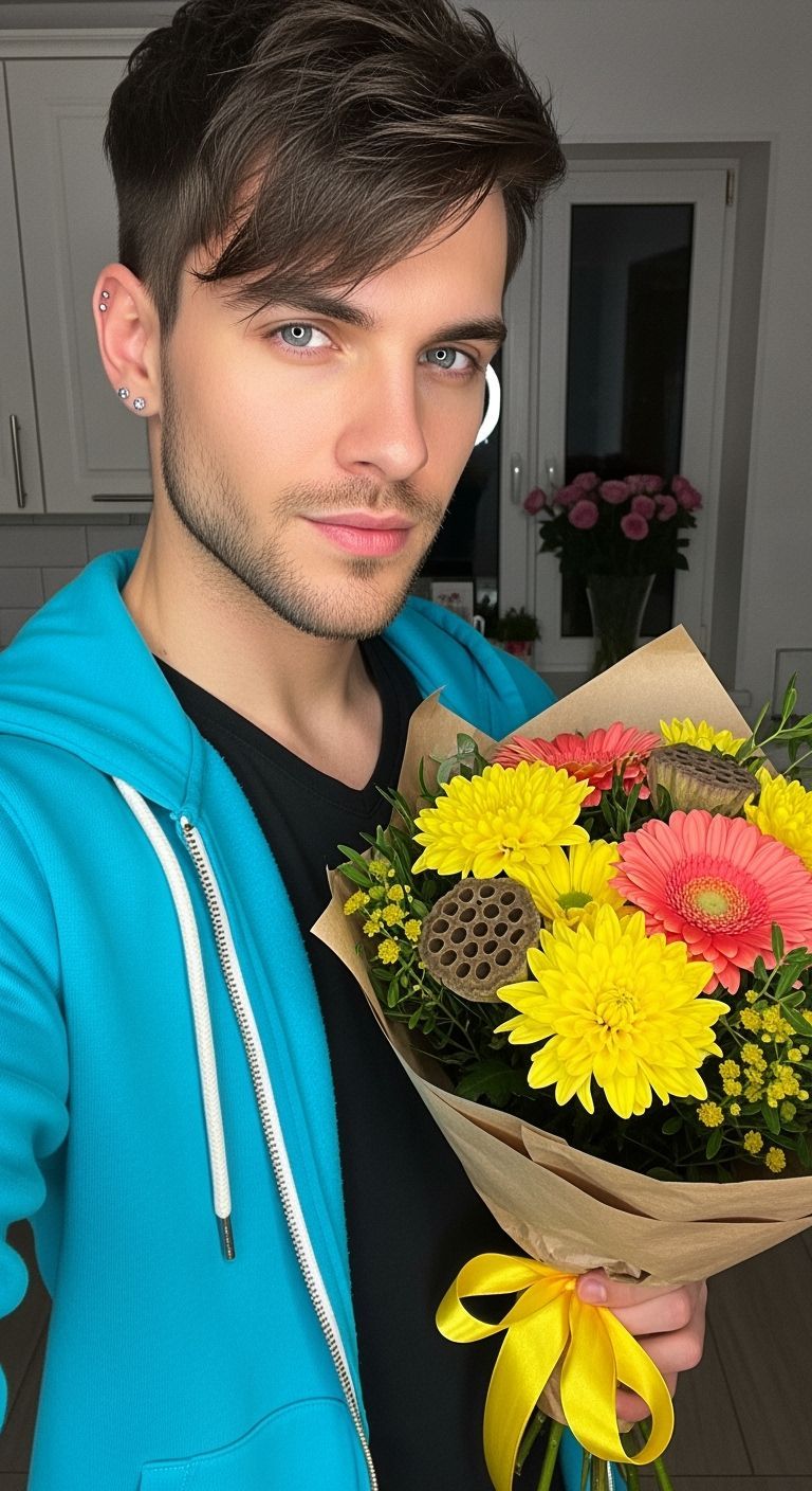 Young Man with Flowers in Hoodie