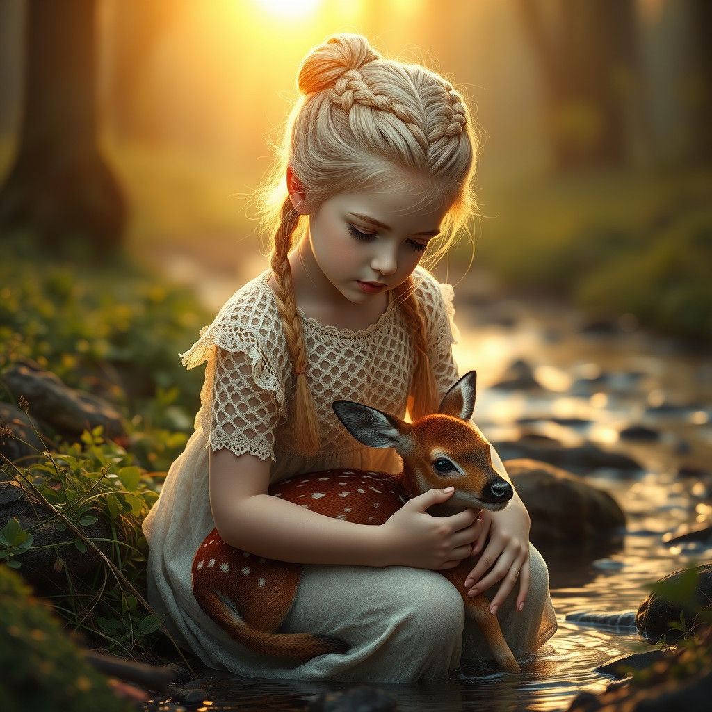 Girl with Deer in Golden Woodland Dusk
