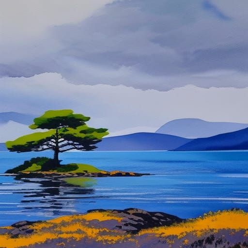 Lone Pine on Loch in Gouache Watercolor Style