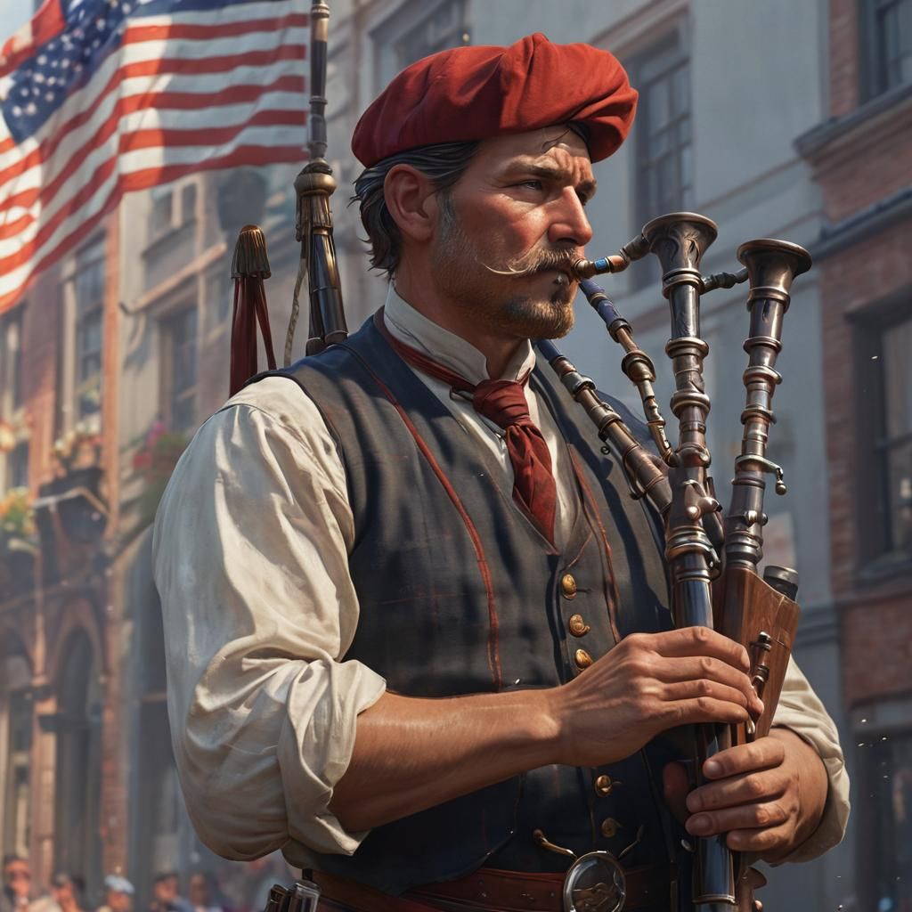 Bagpiper Portrait with US Flag in Digital Art Style