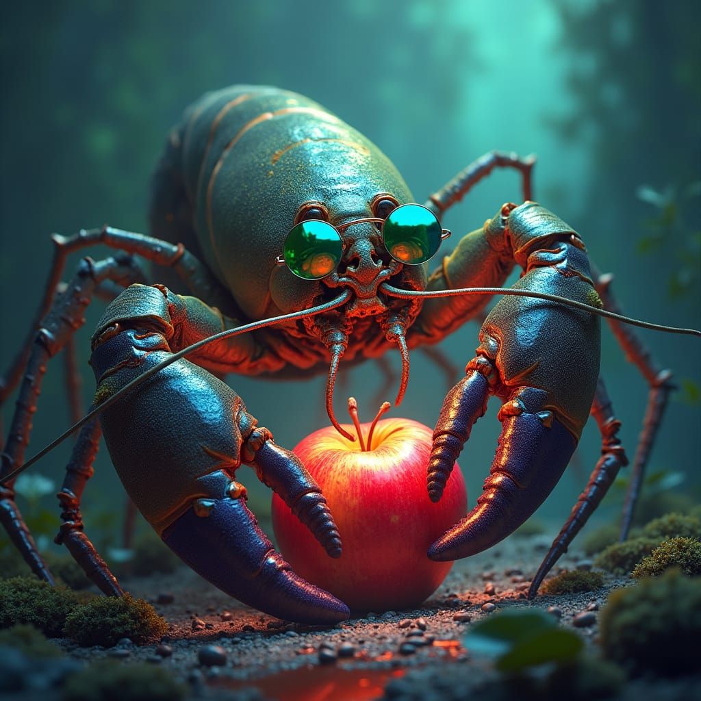 Gargantuan Lobster with Mirrored Shades and Apple