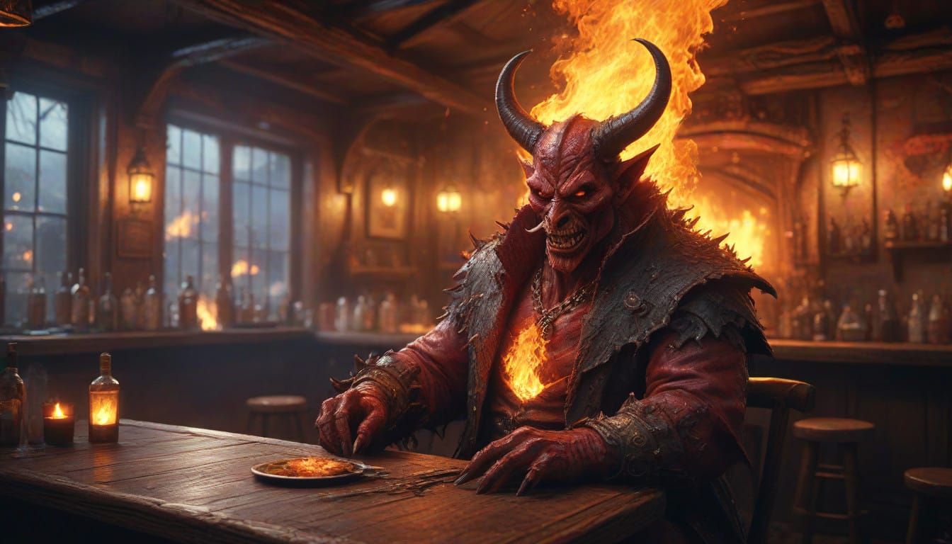 Surreal Devil Ignites Infernal Tavern in Vibrant Fantasy Art