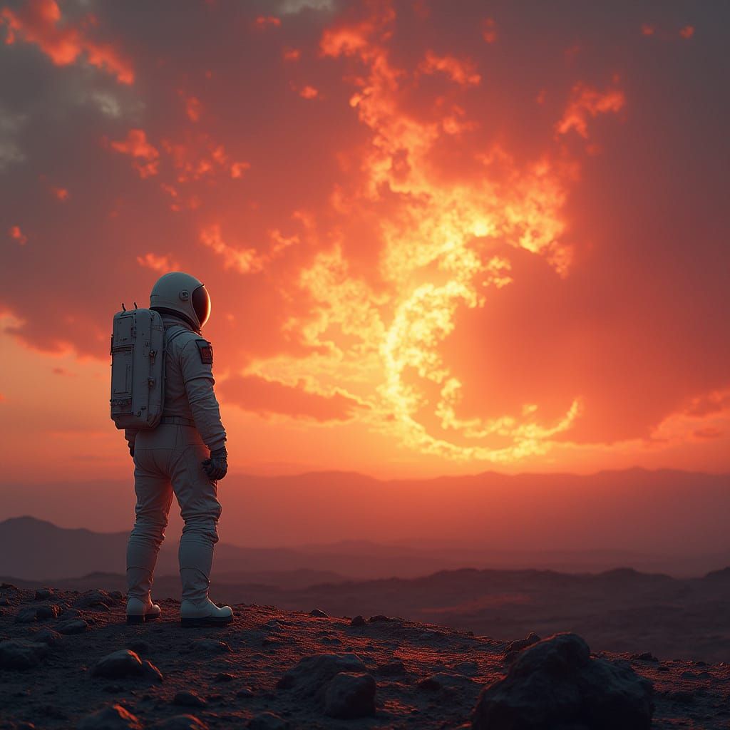 Astronaut Contemplates Binary Sunset on Alien Planet