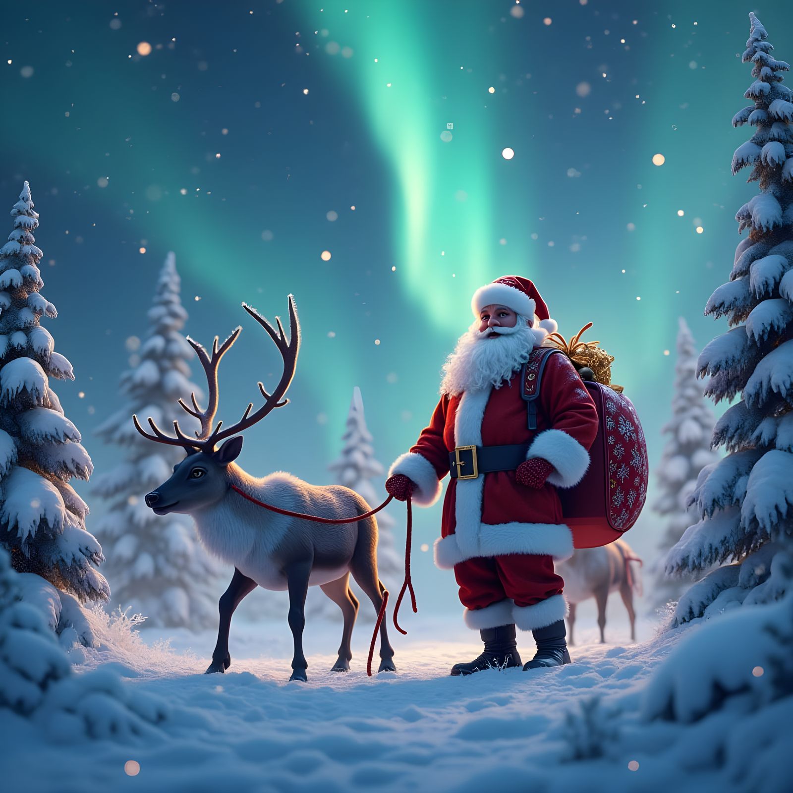 Jolly Santa Claus in Winter Wonderland Scene