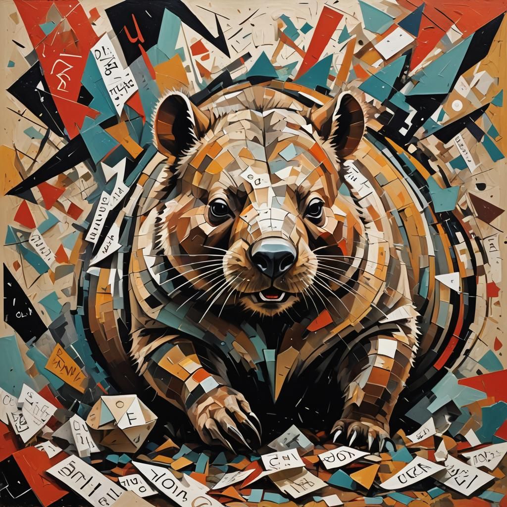 Cubist Wombat Dissolving into Letters in Surreal Art