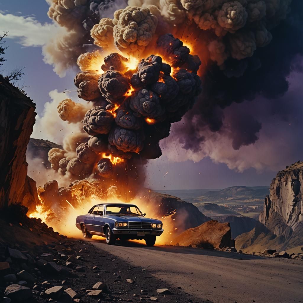 Explosive Car Cliffside Scene in Cinematic Style