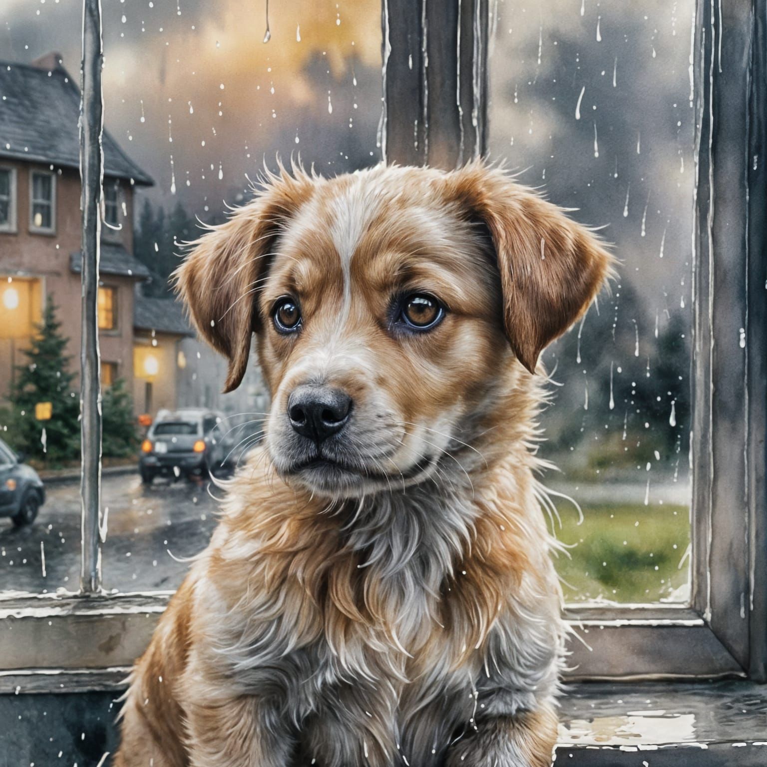 Puppy Gazing on Rainy Day: Watercolor Painting