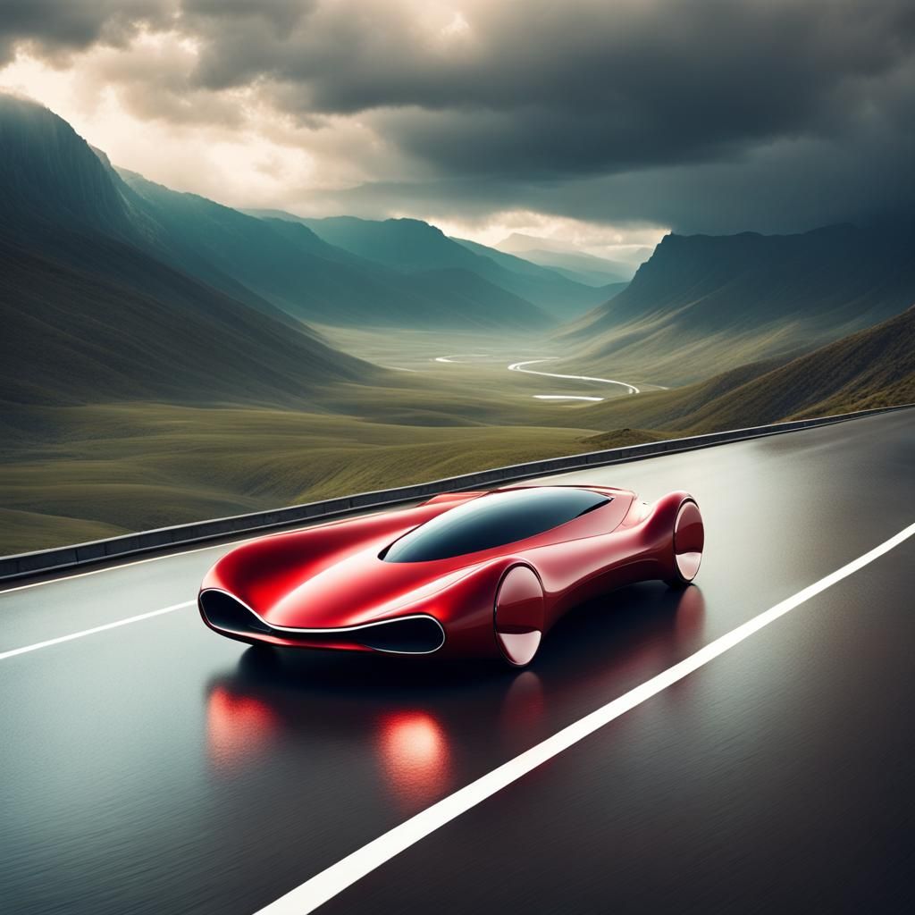 Futuristic Red Car on Mountain Road