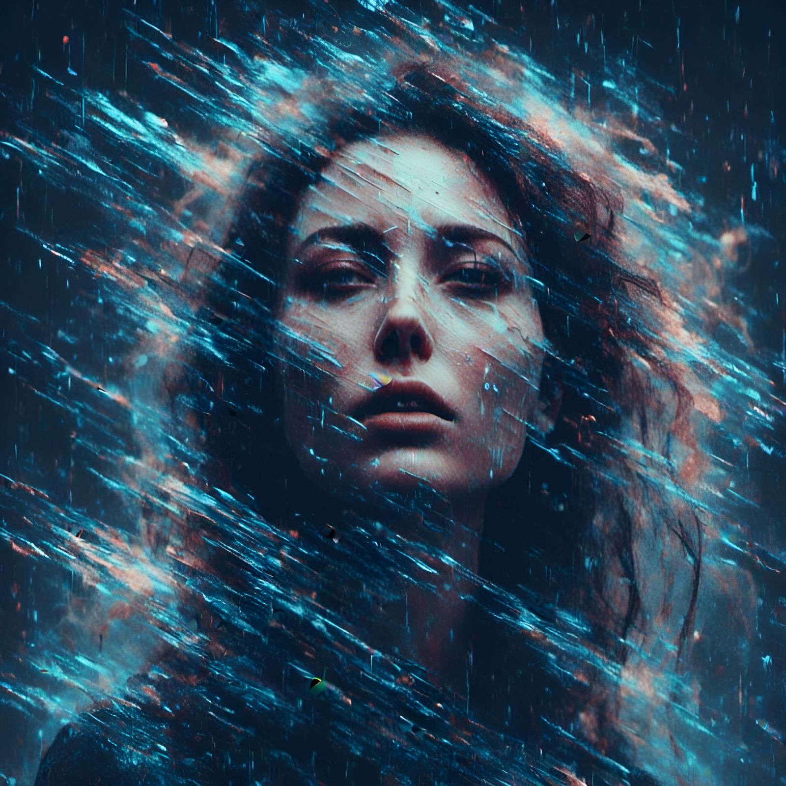 Glitch Woman Portrait with Blue Shockwaves