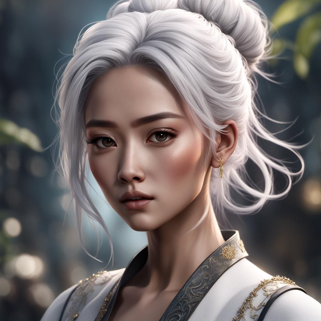 Asian Girl Portrait with White Hair in Detailed Matte Painti...