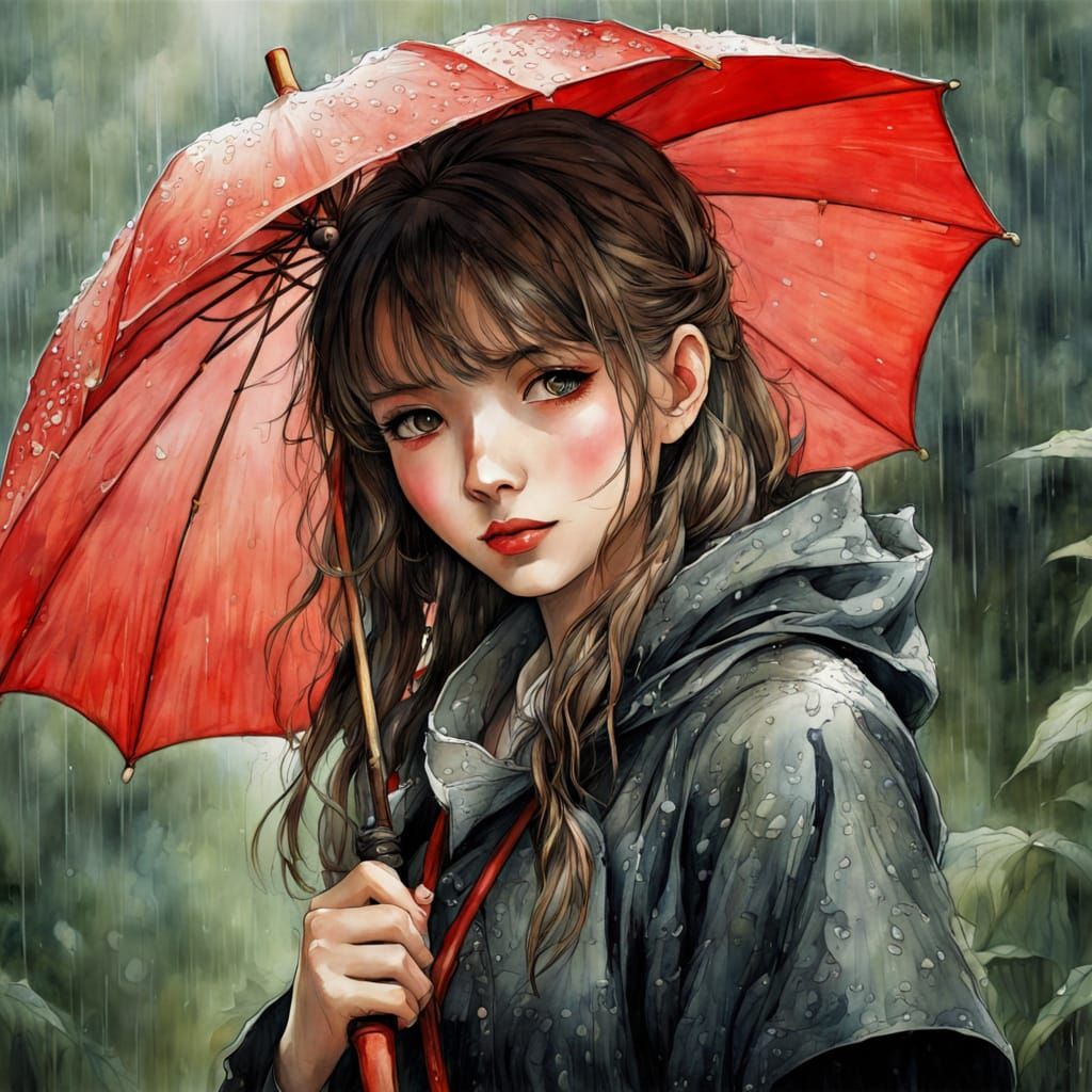 Girl in Summer Rain with Red Umbrella