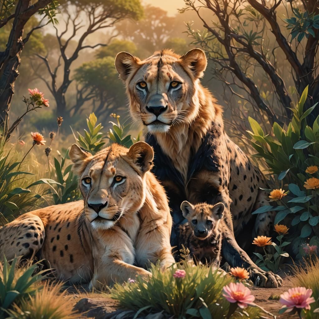 Lioness and Hyena in Loving Savannah Scene