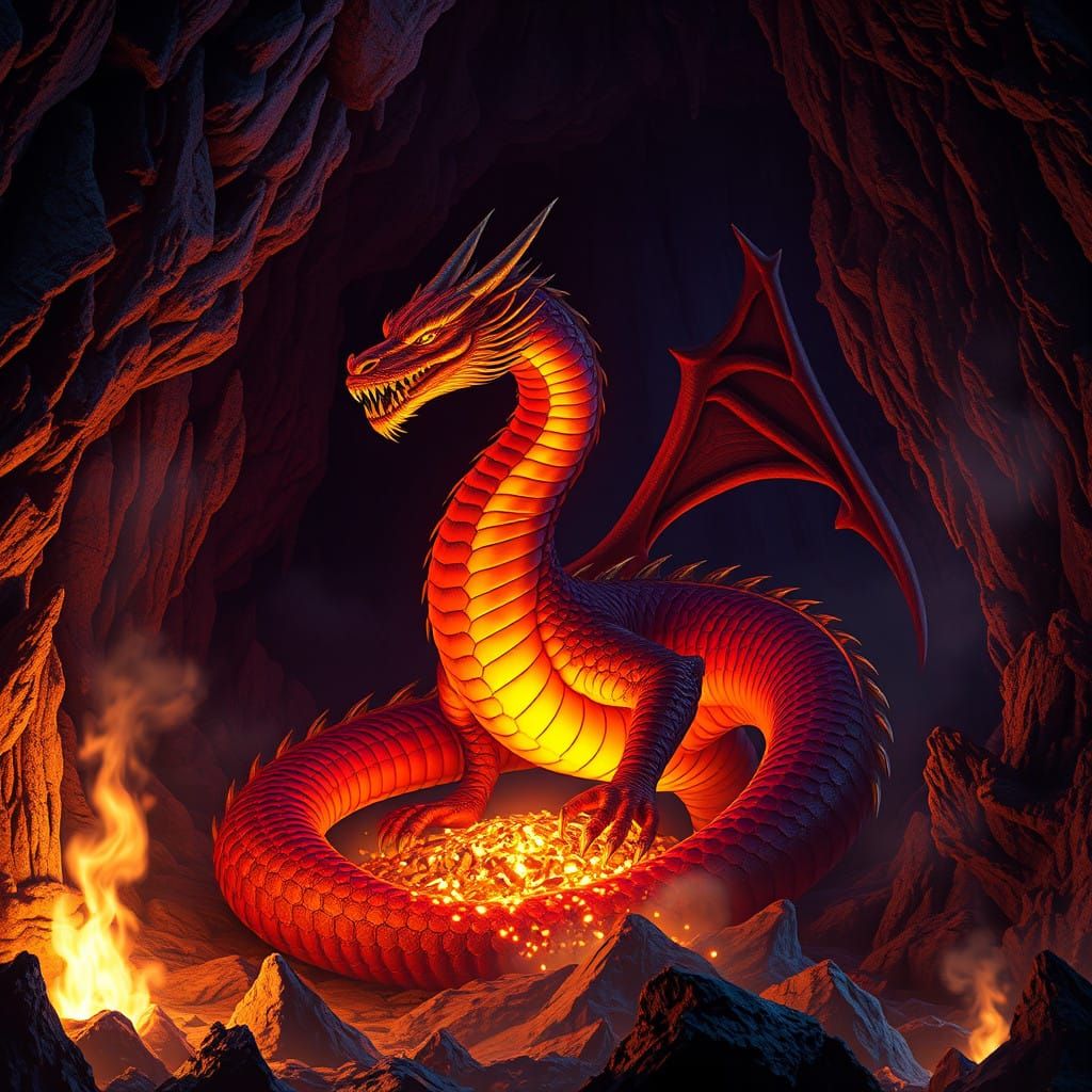 Majestic Gold Dragon Guards Treasure in Dark Cave