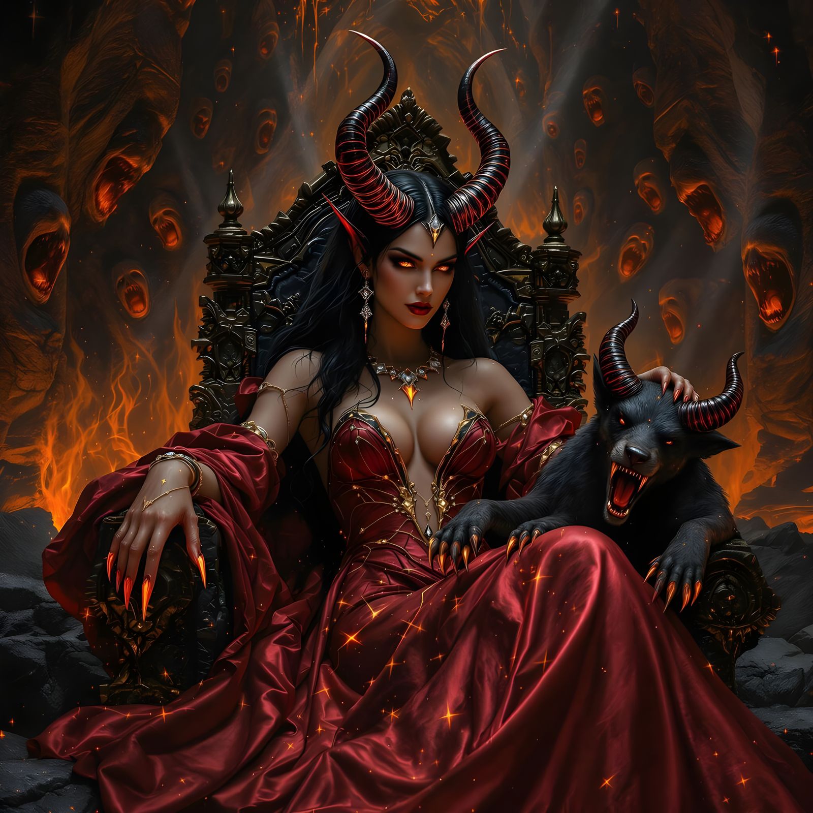 Photorealistic and ultra detailed picture of Lilith the devil queen. Amidst obsidian thrones dripping with molten gold, ...