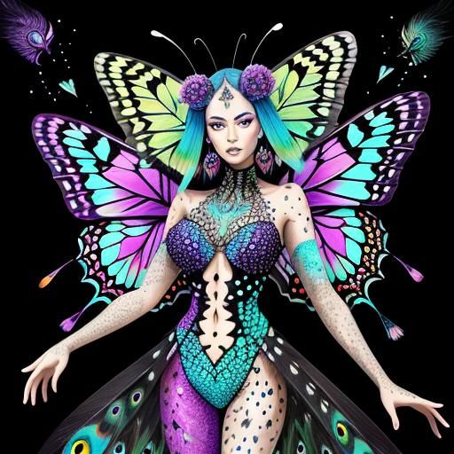 Butterfly Moth Woman with Rainbow Dots in Graffiti Art