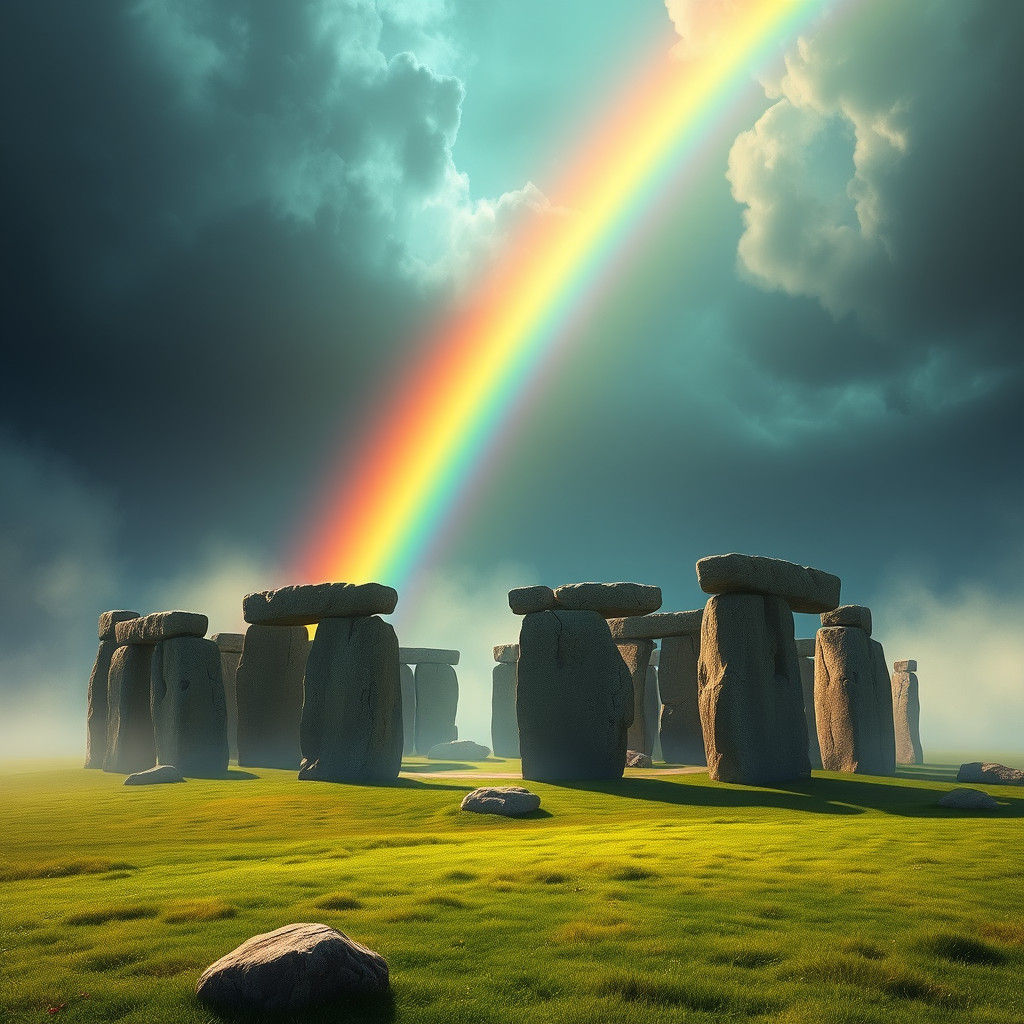 Rainbow Arches Over Stonehenge: Matte Painting Style